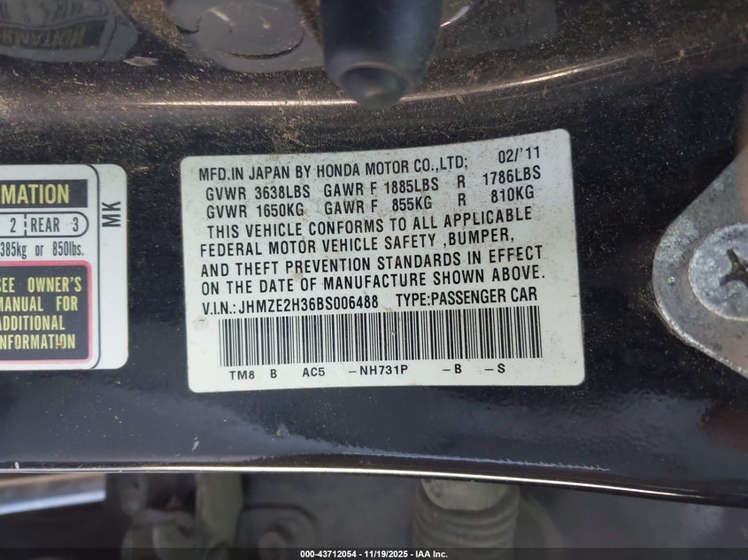 2011 Honda Insight VIN: JHMZE2H36BS006488 Lot: 43712054