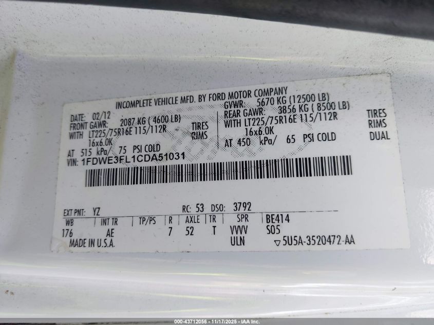 2012 Ford E-350 Cutaway VIN: 1FDWE3FL1CDA51031 Lot: 43712056