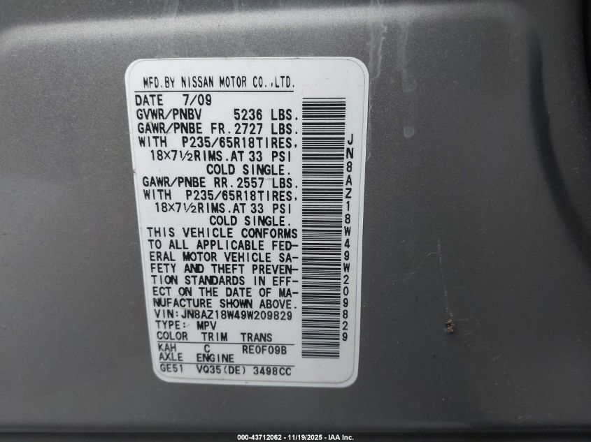 2009 Nissan Murano Sl VIN: JN8AZ18W49W209829 Lot: 43712062
