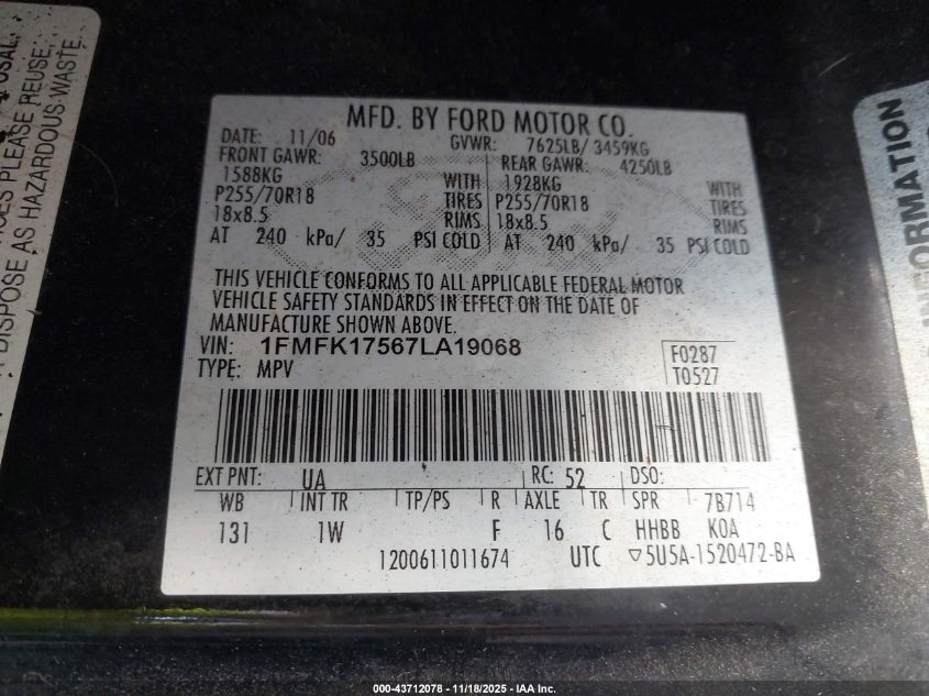 2007 Ford Expedition El Eddie Bauer VIN: 1FMFK17567LA19068 Lot: 43712078