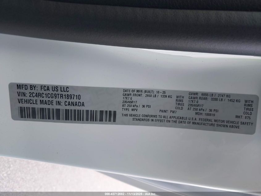 2026 Chrysler Voyager Lx VIN: 2C4RC1CG9TR189710 Lot: 43712082