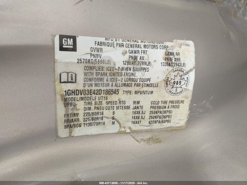 2002 Oldsmobile Silhouette Gls VIN: 1GHDV03E42D186545 Lot: 43712085