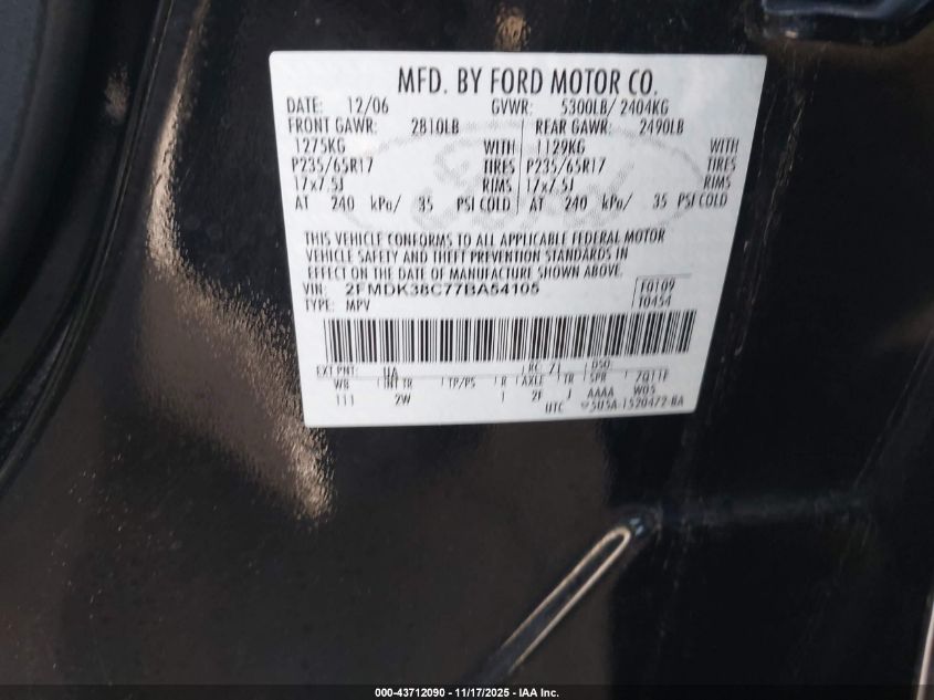 2007 Ford Edge Sel VIN: 2FMDK38C77BA54105 Lot: 43712090