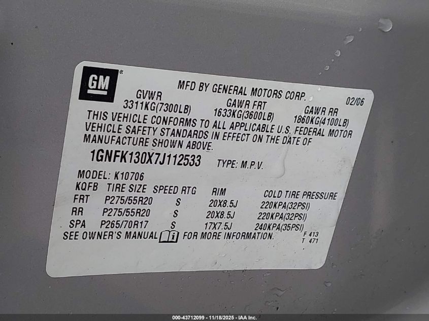 2007 Chevrolet Tahoe Lt VIN: 1GNFK130X7J112533 Lot: 43712099