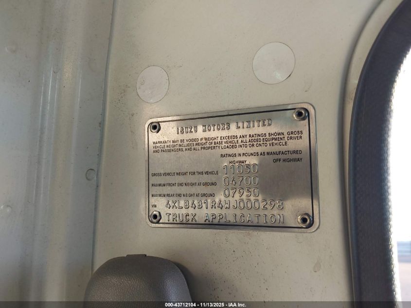 1998 Isuzu Npr VIN: 4KLB4B1R4WJ000298 Lot: 43712104