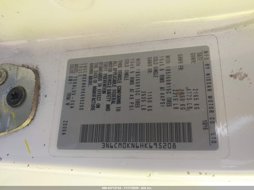 2017 Nissan Nv200 S VIN: 3N6CM0KN6HK695208 Lot: 43712134