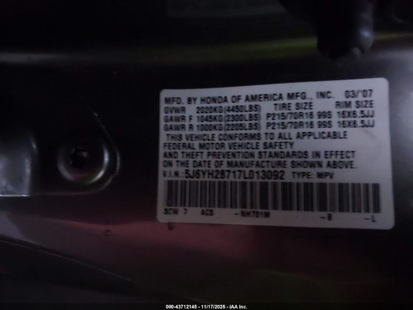 2007 Honda Element Ex VIN: 5J6YH28717L013092 Lot: 43712145