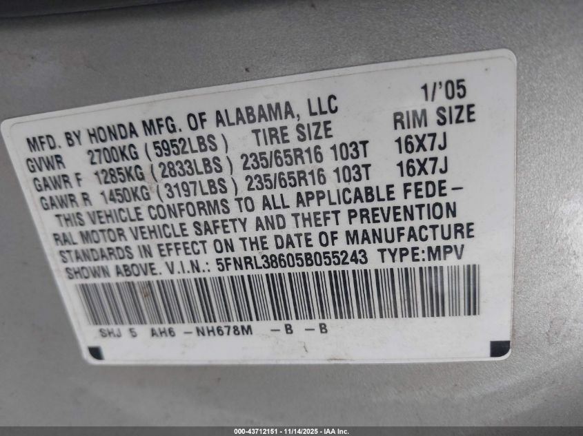 2005 Honda Odyssey Ex-L VIN: 5FNRL38605B055243 Lot: 43712151