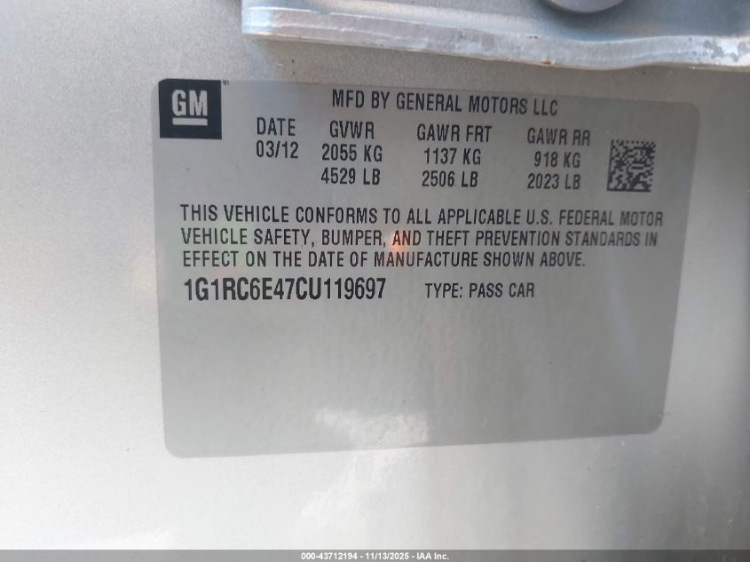 2012 Chevrolet Volt VIN: 1G1RC6E47CU119697 Lot: 43712194