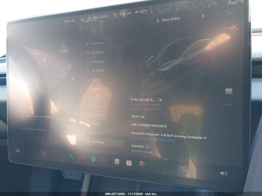 2025 Tesla Model 3 Long Range All-Wheel Drive VIN: 5YJ3E1EB7SF913972 Lot: 43712200
