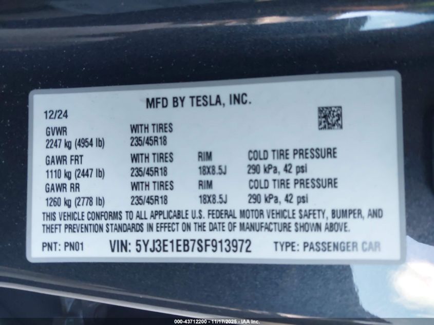 2025 Tesla Model 3 Long Range All-Wheel Drive VIN: 5YJ3E1EB7SF913972 Lot: 43712200