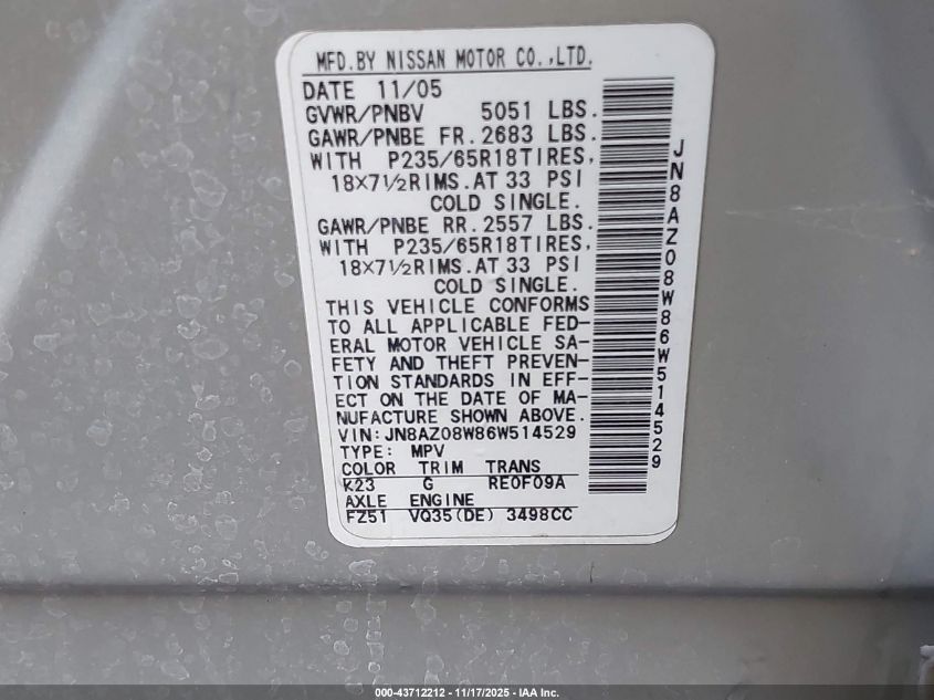 2006 Nissan Murano S VIN: JN8AZ08W86W514529 Lot: 43712212