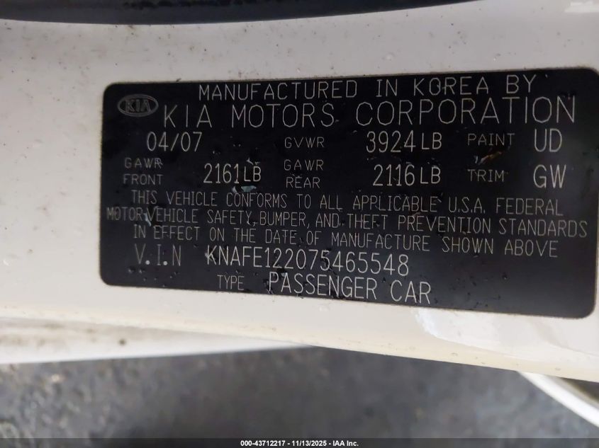 2007 Kia Spectra Ex VIN: KNAFE122075465548 Lot: 43712217