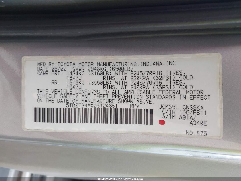 2002 Toyota Sequoia Sr5 V8 VIN: 5TDZT34AX2S124361 Lot: 43712230