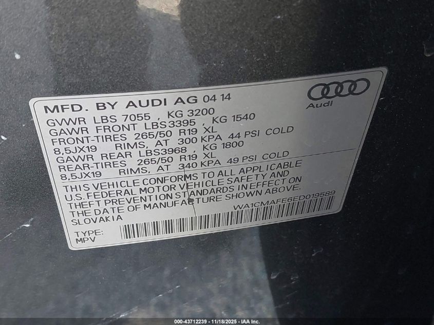 2014 Audi Q7 3.0 Tdi Premium VIN: WA1CMAFE6ED019589 Lot: 43712239