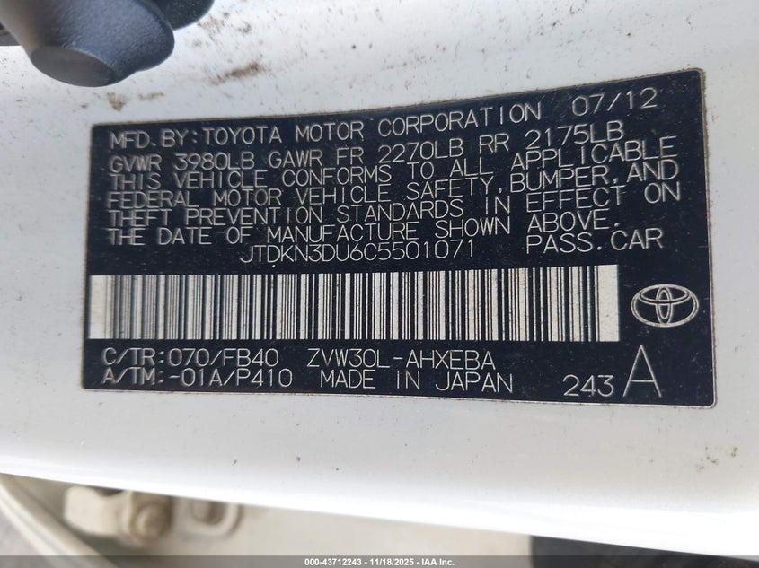 JTDKN3DU6C5501071 2012 TOYOTA PRIUS photo no. 9