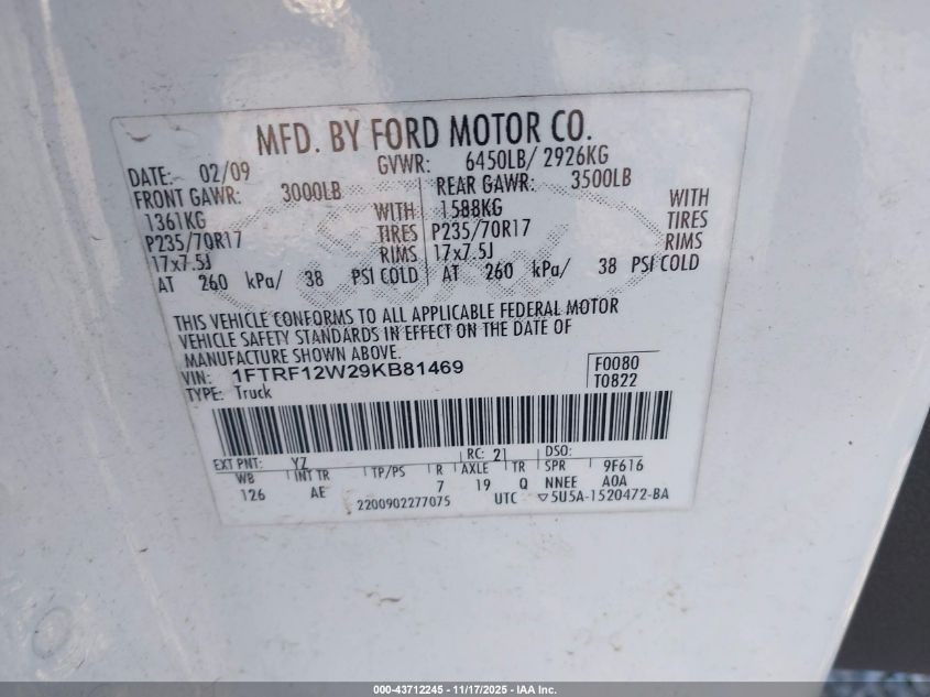 2009 Ford F-150 Stx/Xl/Xlt VIN: 1FTRF12W29KB81469 Lot: 43712245