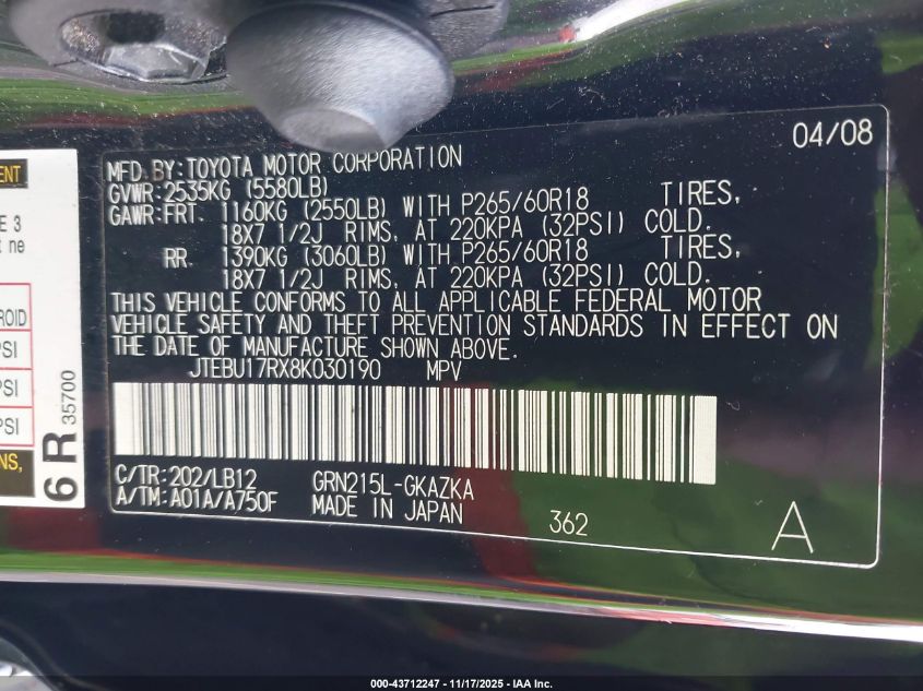 2008 Toyota 4Runner Limited VIN: JTEBU17RX8K030190 Lot: 43712247