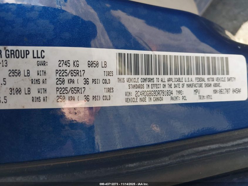 2013 Dodge Grand Caravan Se VIN: 2C4RDGBG9DR791834 Lot: 43712273