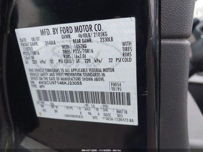 2008 Mercury Mariner Premier VIN: 4M2CU97148KJ23055 Lot: 43712288