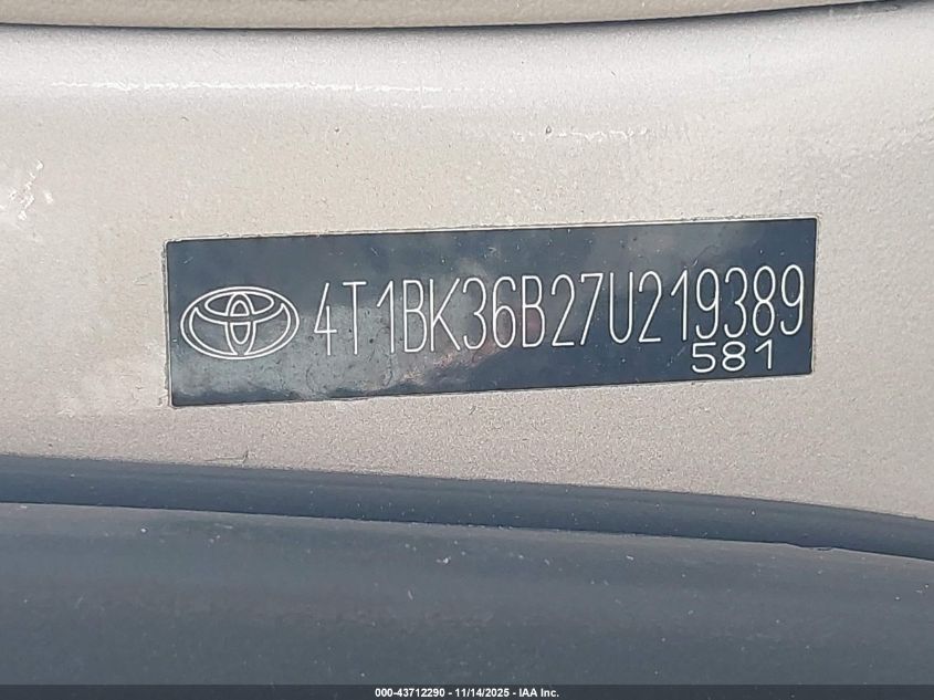 2007 Toyota Avalon Xls VIN: 4T1BK36B27U219389 Lot: 43712290