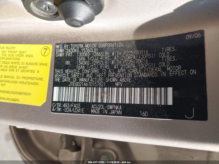 JTEGD21A670157821 2007 TOYOTA HIGHLANDER photo no. 9
