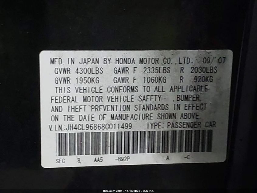 2008 Acura Tsx VIN: JH4CL96868C011499 Lot: 43712301