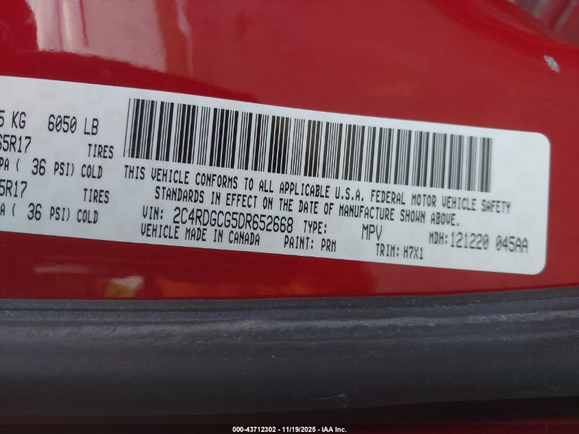 2013 Dodge Grand Caravan Sxt VIN: 2C4RDGCG5DR652668 Lot: 43712302