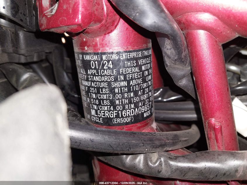 2024 Kawasaki Er500 VIN: ML5ERGF16RDA09857 Lot: 43712304