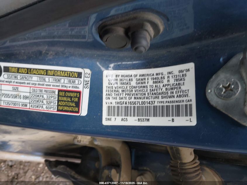2007 Honda Civic Lx VIN: 1HGFA16567L001437 Lot: 43712307