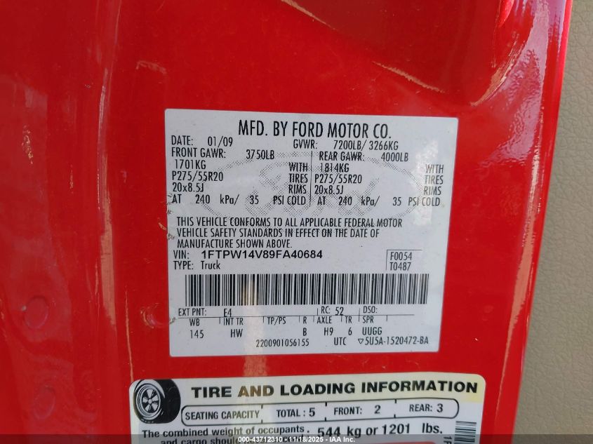 2009 Ford F-150 Fx4/King Ranch/Lariat/Platinum/Xl/Xlt VIN: 1FTPW14V89FA40684 Lot: 43712310