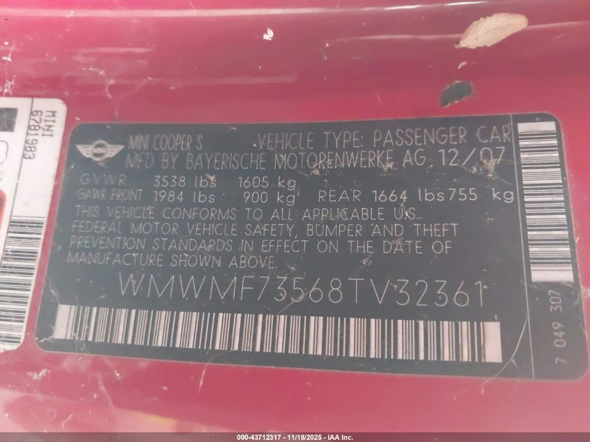 2008 Mini Cooper S VIN: WMWMF73568TV32361 Lot: 43712317