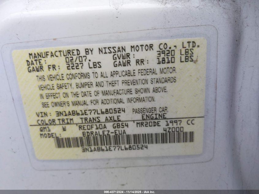 2007 Nissan Sentra 2.0S VIN: 3N1AB61E77L680524 Lot: 43712324