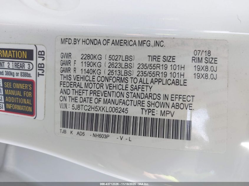 2019 Acura Rdx Technology Package VIN: 5J8TC2H5XKL006245 Lot: 43712326