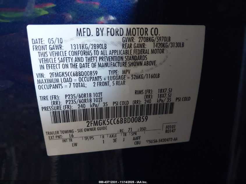 2011 Ford Flex Sel VIN: 2FMGK5CC6BBD00859 Lot: 43712331