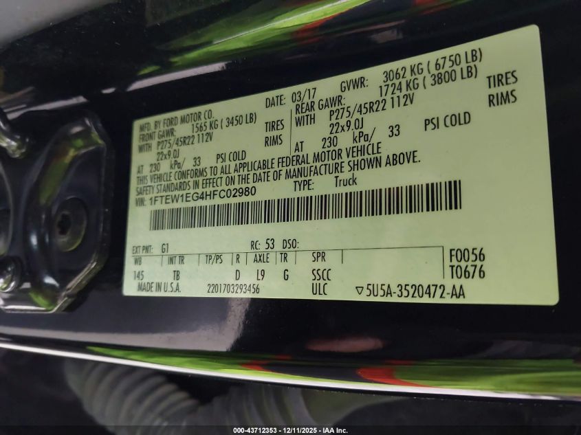 2017 Ford F-150 Limited VIN: 1FTEW1EG4HFC02980 Lot: 43712353