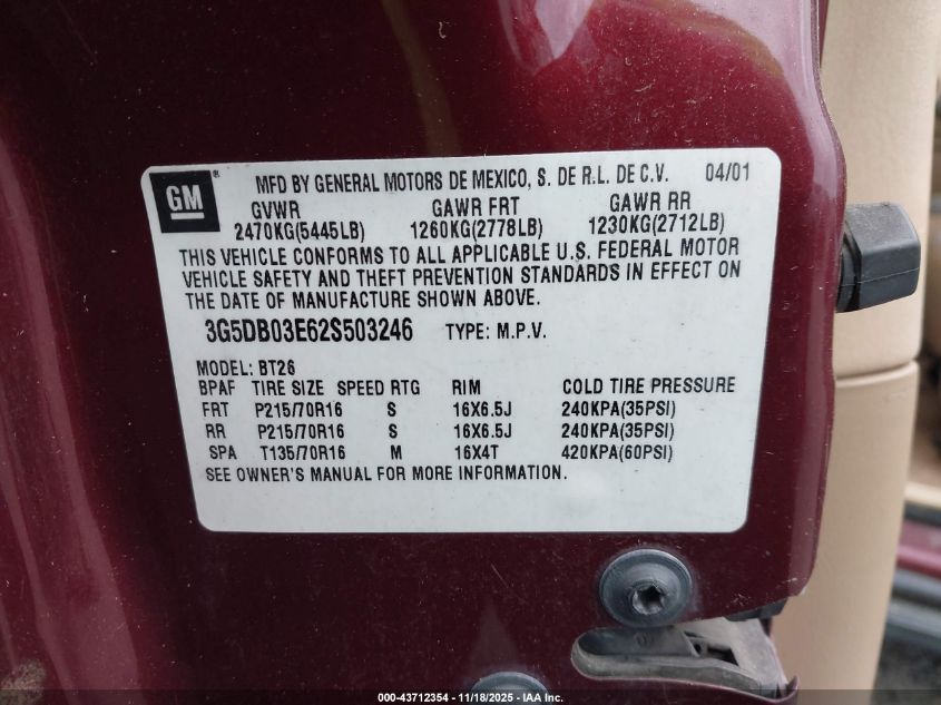 2002 Buick Rendezvous Cxl VIN: 3G5DB03E62S503246 Lot: 43712354