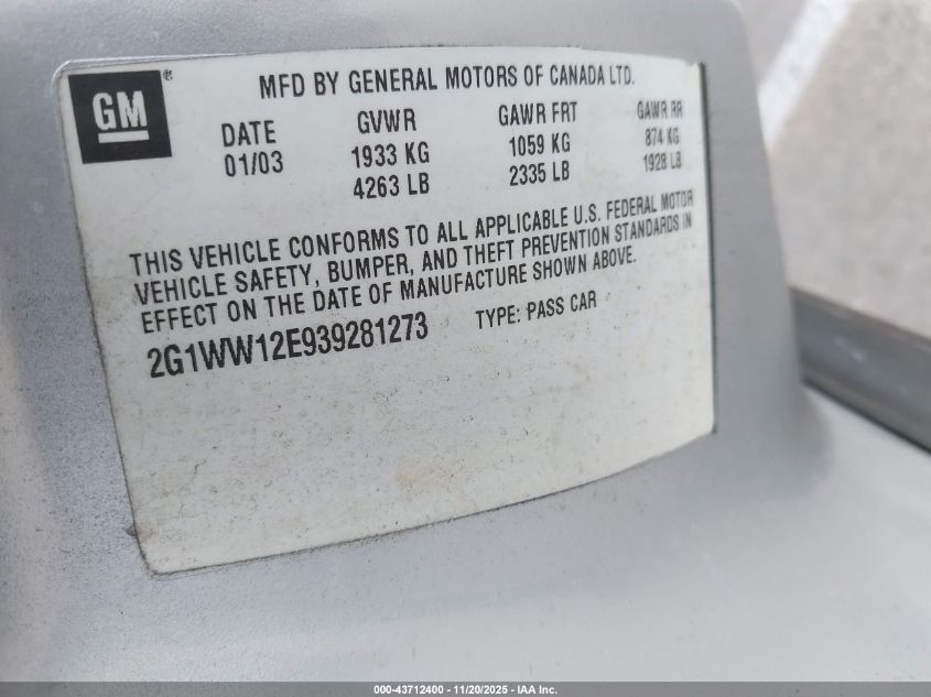 2003 Chevrolet Monte Carlo Ls VIN: 2G1WW12E939281273 Lot: 43712400