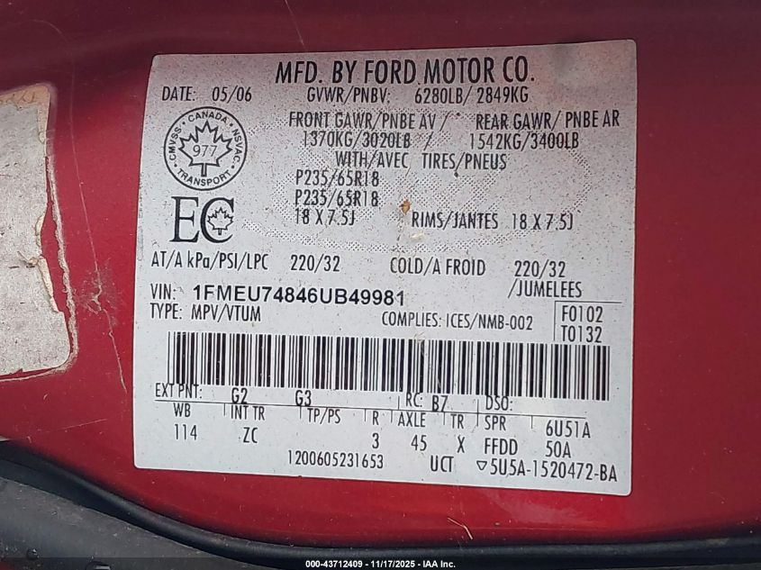 2006 Ford Explorer Eddie Bauer VIN: 1FMEU74846UB49981 Lot: 43712409