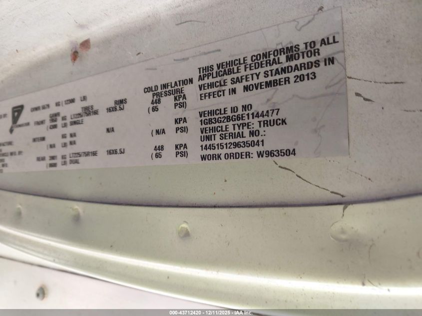 2014 Chevrolet Express Cutaway 3500 VIN: 1GB3G2BG6E1144477 Lot: 43712420