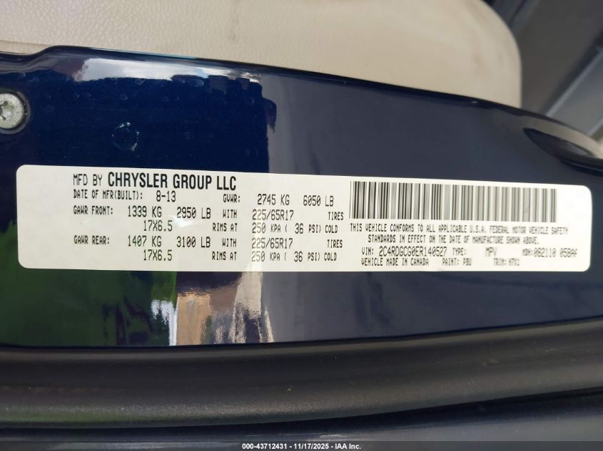 2014 Dodge Grand Caravan Sxt VIN: 2C4RDGCG0ER140527 Lot: 43712431