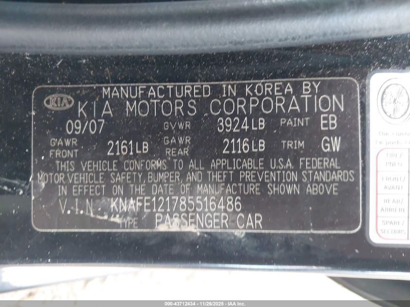 2008 Kia Spectra Ex VIN: KNAFE121785516486 Lot: 43712434
