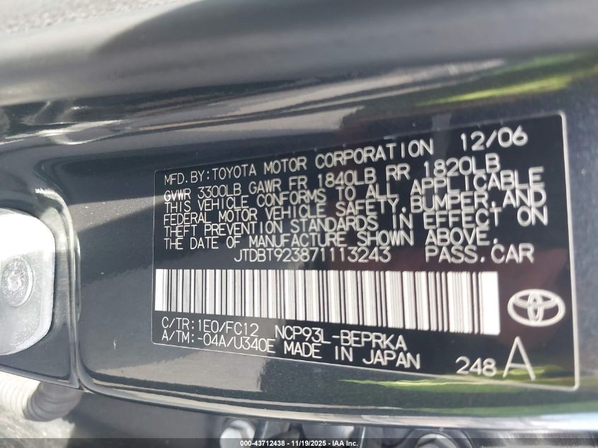 2007 Toyota Yaris VIN: JTDBT923871113243 Lot: 43712438