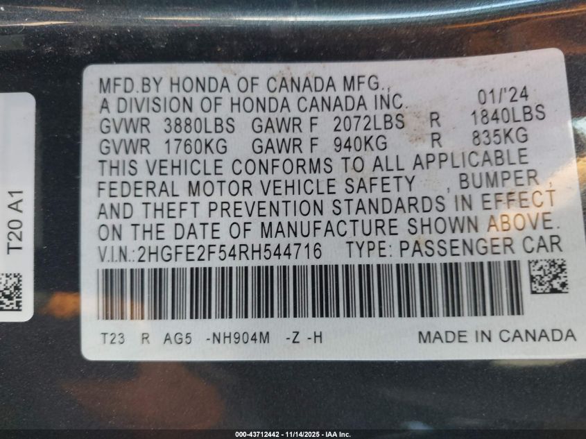 2024 Honda Civic Sport VIN: 2HGFE2F54RH544716 Lot: 43712442
