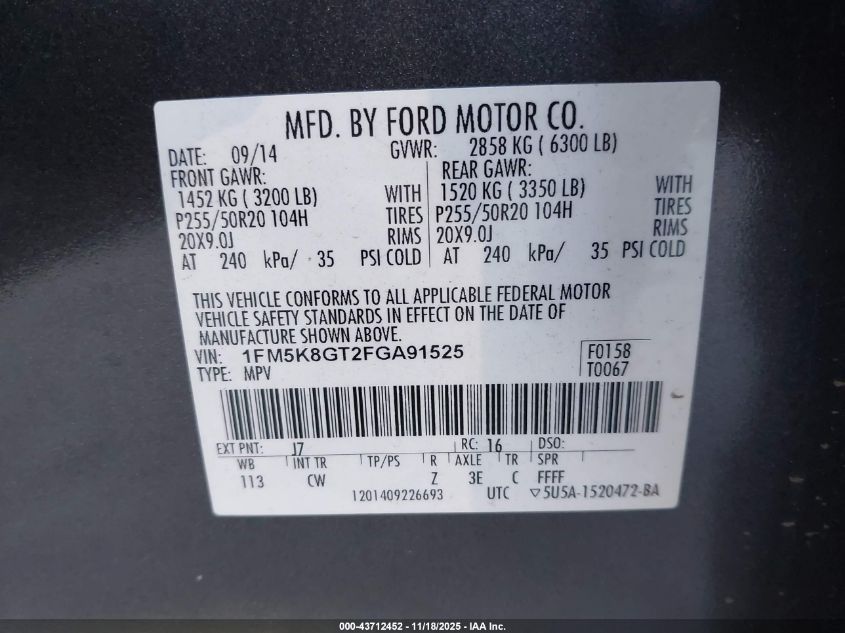 2015 Ford Explorer Sport VIN: 1FM5K8GT2FGA91525 Lot: 43712452