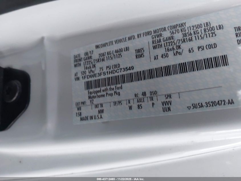 2017 Ford E-350 Cutaway VIN: 1FDWE3FS1HDC73549 Lot: 43712465