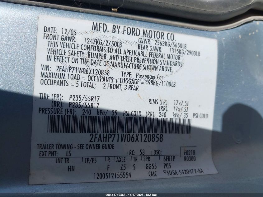 2006 Ford Crown Victoria Police/Police Interceptor VIN: 2FAHP71W06X120858 Lot: 43712468