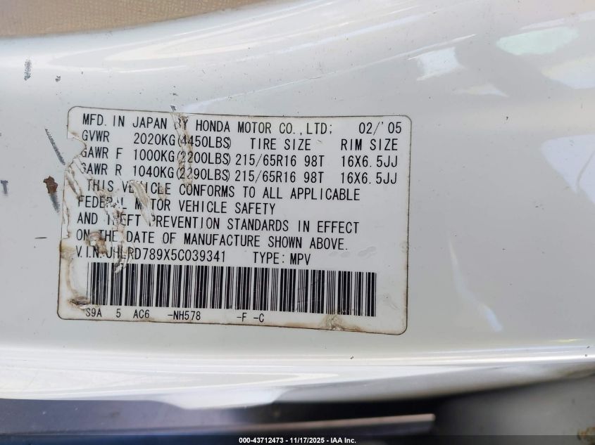 2005 Honda Cr-V Se VIN: JHLRD789X5C039341 Lot: 43712473