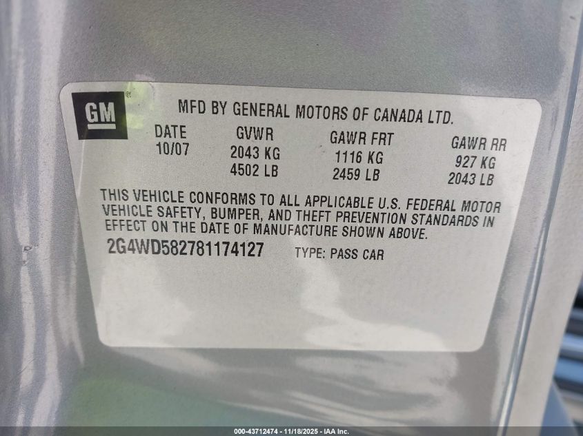 2008 Buick Lacrosse Cxl VIN: 2G4WD582781174127 Lot: 43712474