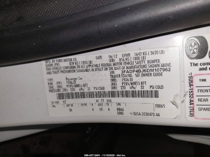 2013 Ford Fiesta Se VIN: 3FADP4BJ6DM107962 Lot: 43712491